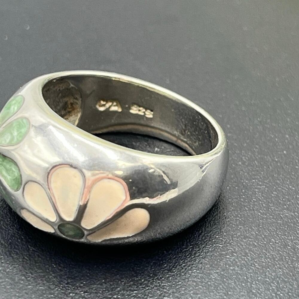 Chateau D'Argent C^A Sterling Green Cream Enamel Petal Flower Dome Ring sz 8.25 - Picture 6 of 10